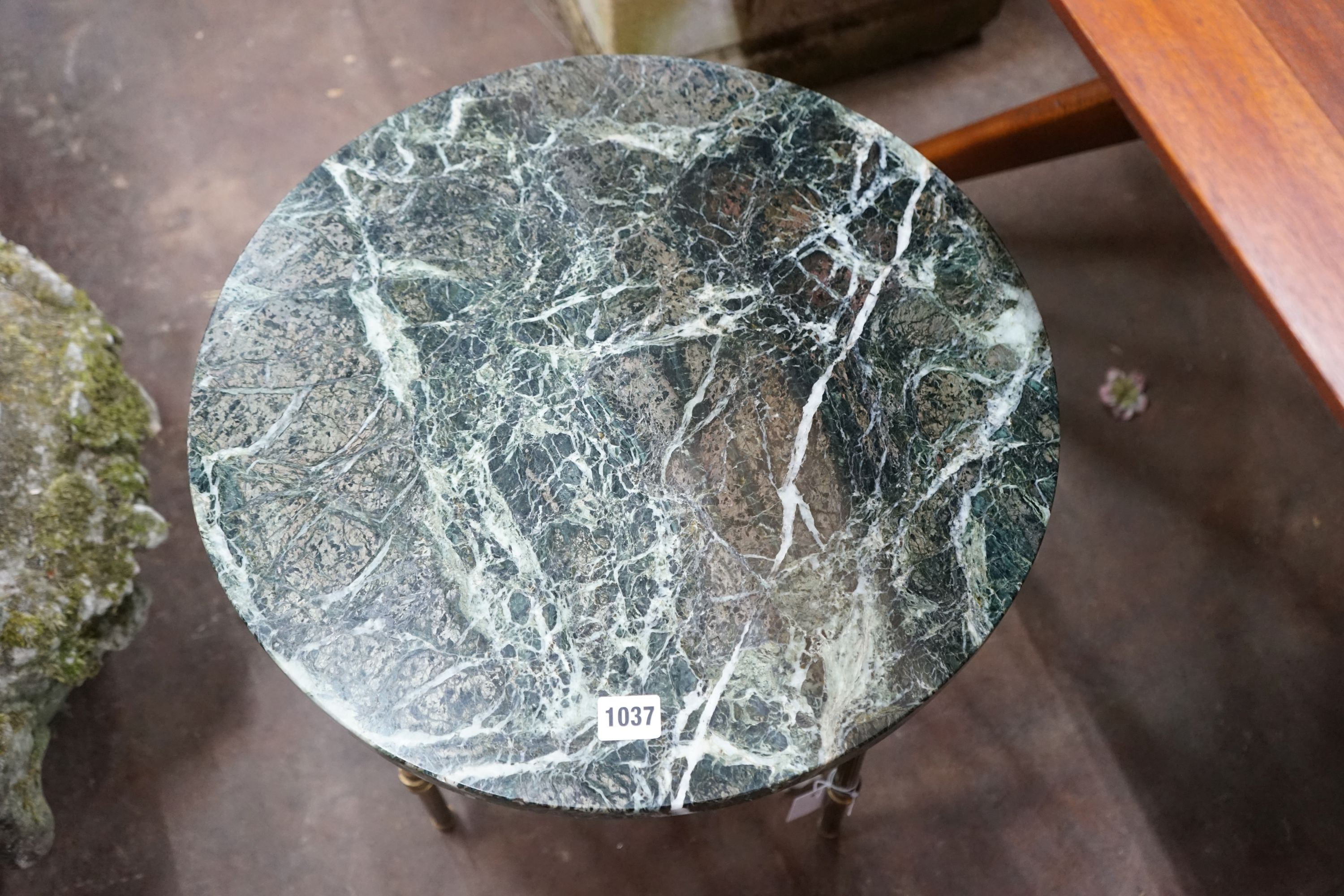 A Maison Jansen style circular brass marble topped occasional table, diameter 49cm, height 46cm